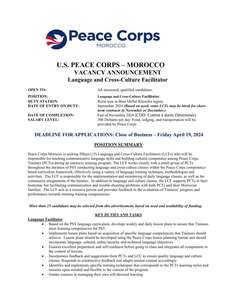 Peace Corps recrute 15 postes