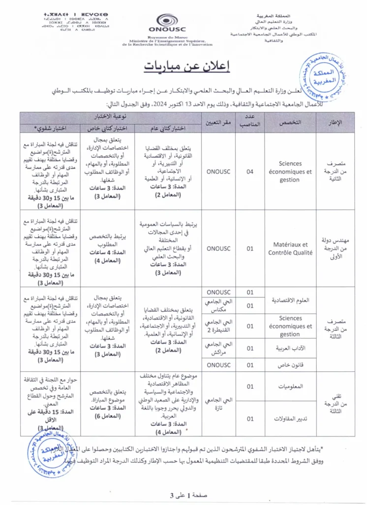 إعلان عن مباريات توظيف بالمكتب الوطني.