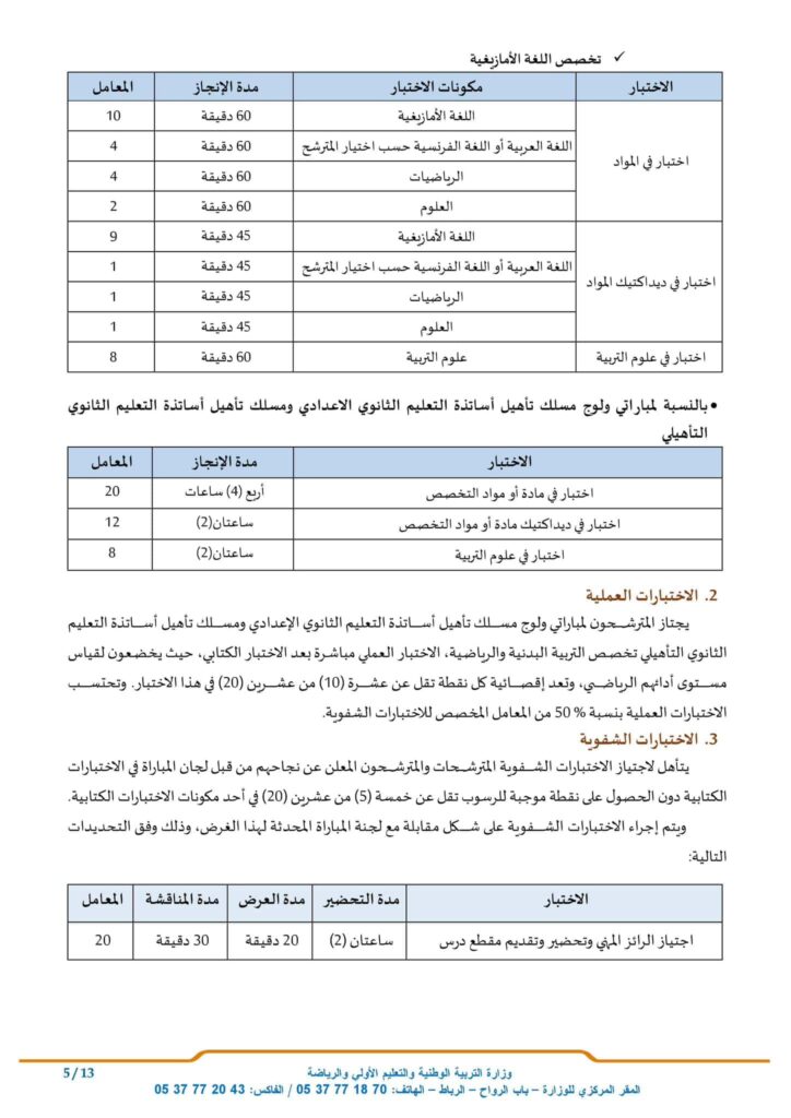 جداول توضح مكونات الاختبارات ومدة الإنجاز والعامل